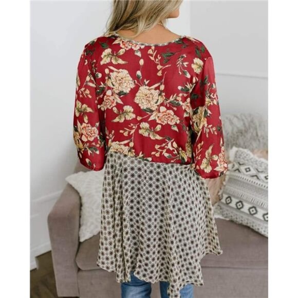 Red Floral Kimono Cardigan 3/4 Ruffle Sleeve Flowy Boho Tie Loose Cover Up - Picture 3 of 5